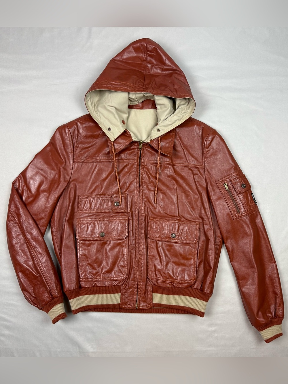 Vtg 70s Casablanca Mens Reversible Leather Bomber Jacket Sz 44 Rare Hood Cognac